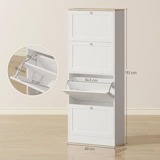 Zapatero Slim Ahorra Espacio Con 4 Puertas Abatibles, Zapatero Moderno de Madera Con Estantes Regulables en 2 Niveles, Capacidad para 18-24 Pares Con Asa, 60X23.5X151 Cm, Blanco