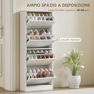 Zapatero Slim Ahorra Espacio Con 4 Puertas Abatibles, Zapatero Moderno de Madera Con Estantes Regulables en 2 Niveles, Capacidad para 18-24 Pares Con Asa, 60X23.5X151 Cm, Blanco
