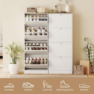 Zapatero Slim Ahorra Espacio Con 4 Puertas Abatibles, Zapatero Moderno de Madera Con Estantes Regulables en 2 Niveles, Capacidad para 18-24 Pares Con Asa, 60X23.5X151 Cm, Blanco
