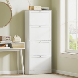 Zapatero Slim Ahorra Espacio Con 4 Puertas Abatibles, Zapatero Moderno de Madera Con Estantes Regulables en 2 Niveles, Capacidad para 18-24 Pares Con Asa, 60X23.5X151 Cm, Blanco