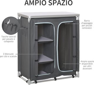 Cocina De Camping Doble Armario, 3 Estantes Y Bolsa De Transporte, Estructura De Aluminio 96Lx49.5Px104Cm Gris