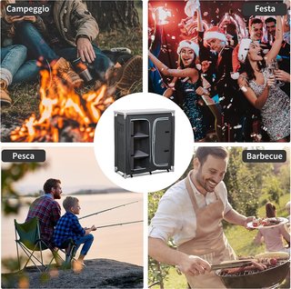 Cocina De Camping Doble Armario, 3 Estantes Y Bolsa De Transporte, Estructura De Aluminio 96Lx49.5Px104Cm Gris