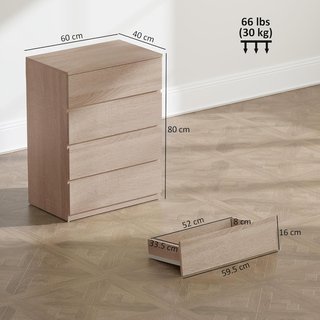 Cómoda para Dormitorio de 4 Cajones, Comoda de Madera con Patas Antideslizantes, para Sala de Estar, Comedor y Pasillo, 60X40X80 Cm, Color Madera