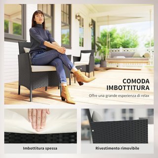 Conjunto de Jardín de 4 Piezas en Ratán con 2 Sillas, Sofá de Jardín de 2 Plazas y Mesa Baja de Café, Negro y Crema