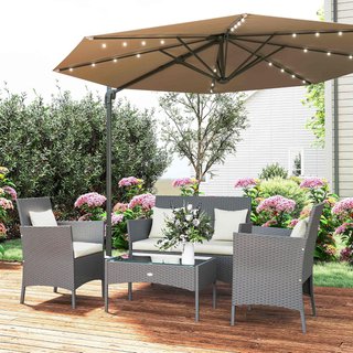 Conjunto de Jardín de 4 Piezas en Ratán con 2 Sillas, Sofá de Jardín de 2 Plazas y Mesa Baja de Café, Negro y Crema