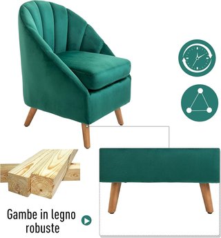 Sillón de Dormitorio y Salón en Terciopelo Verde con Relleno Grueso y Estructura Sólida de Madera (67X65X77Cm)