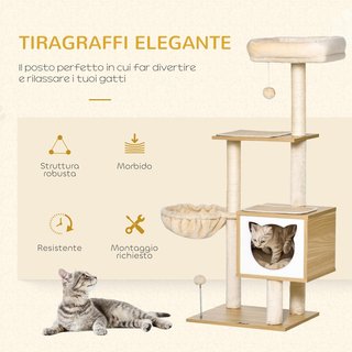 Rascador para Gatos Con 2 Postes, Casita, Hamaca, Cama Y 2 Pelotas Juguete, Árbol para Gatos de Madera, Felpa Y Sisal, 48X40X126 Cm, Beige Y Color Madera