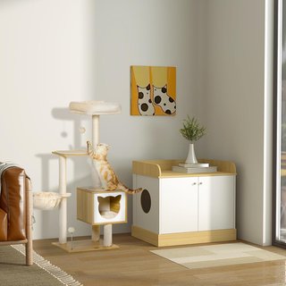 Rascador para Gatos Con 2 Postes, Casita, Hamaca, Cama Y 2 Pelotas Juguete, Árbol para Gatos de Madera, Felpa Y Sisal, 48X40X126 Cm, Beige Y Color Madera