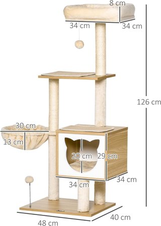 Rascador para Gatos Con 2 Postes, Casita, Hamaca, Cama Y 2 Pelotas Juguete, Árbol para Gatos de Madera, Felpa Y Sisal, 48X40X126 Cm, Beige Y Color Madera