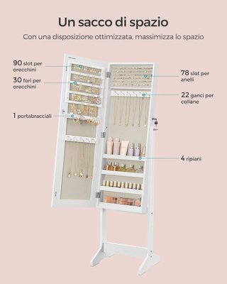 Espejo Joyero de Pie, Armario Joyero, Espejo de Cuerpo Entero, Con Cerradura, Idea de Regalo, Superficie Blanca y Forro Beige JJC069W02