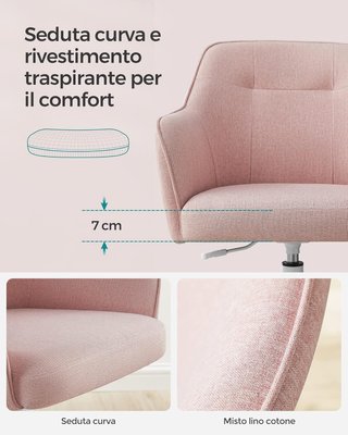 Silla de Estudio en Casa, Silla Giratoria, Ajustable en Altura, Capacidad de 110 Kg, Estructura de Acero, Tejido de Algodón-Lino Transpirable, Estudio, Dormitorio, Rosa OBG019P01