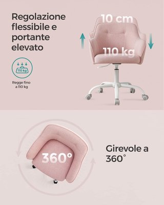 Silla de Estudio en Casa, Silla Giratoria, Ajustable en Altura, Capacidad de 110 Kg, Estructura de Acero, Tejido de Algodón-Lino Transpirable, Estudio, Dormitorio, Rosa OBG019P01