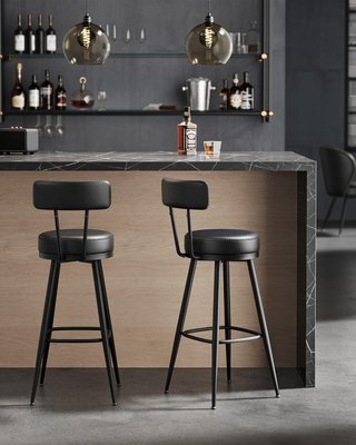 Colección EKHO - Juego de 2 Taburetes de Cocina, Taburetes de Bar Giratorios con Respaldo, Sillas de Cocina, Tapizado con Costura, Moderno de Mediados de Siglo, Altura 76 cm, Negro Tinta LBC889B01