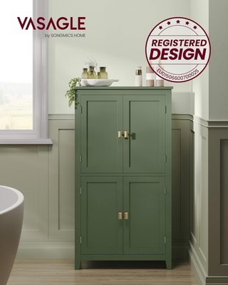 Mueble de Baño, Mueblecito de Baño, Credenza de Cocina, Armario con 4 Puertas, Estantes Regulables, 30 X 60 X 110 Cm, Verde Bosque BBC552C01