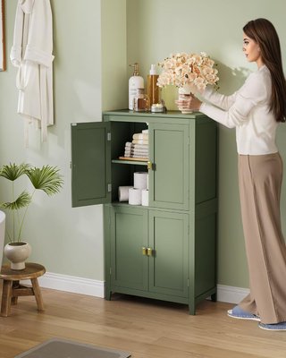 Mueble de Baño, Mueblecito de Baño, Credenza de Cocina, Armario con 4 Puertas, Estantes Regulables, 30 X 60 X 110 Cm, Verde Bosque BBC552C01