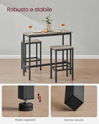 Mesa Alta, Conjunto de Mesa y Taburetes de Bar, Mesa de Desayuno con Conjunto de 2 Taburetes, Estructura de Acero Industrial, Greige Melange y Negro Tinta LBT218B02