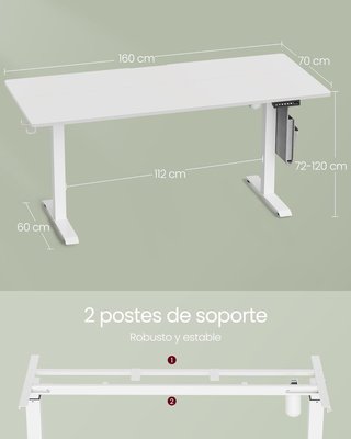 Escritorio Eléctrico Ajustable en Altura, 70 X 160 X (72-120) Cm, Mesa Ajustable de Forma Continua, Función de Memoria con 4 Alturas, Blanco Nube LSD176W01V1
