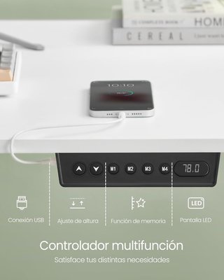 Escritorio Eléctrico Ajustable en Altura, 70 X 160 X (72-120) Cm, Mesa Ajustable de Forma Continua, Función de Memoria con 4 Alturas, Blanco Nube LSD176W01V1