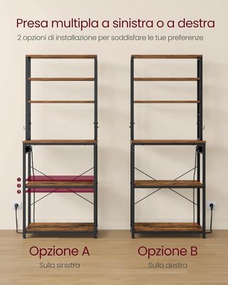 Estante De Cocina Con Toma De Corriente, Soporte Para Microondas, Organizador De 6 Estantes Con 6 Ganchos Para Barra, De Acero, 40 X 60 X 167 Cm, Marrón Vintage Y Negro Tinta KKS124K01