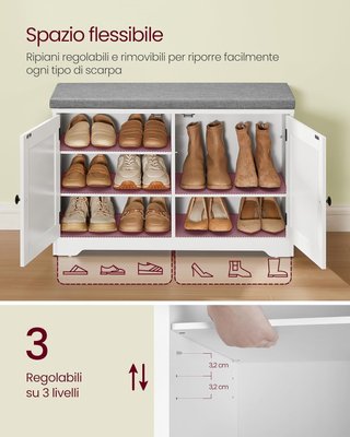 Banco Zapatero de 3 Niveles, Banco Contenedor con Puertas y Cojín, Estantes Regulables, 35,5 X 81 X 52,5 Cm, para Entrada, Dormitorio, Blanco Nube y Gris Tortora LSB034W01