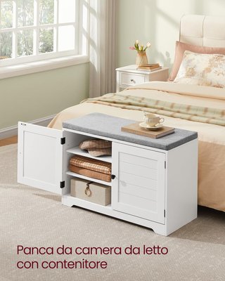 Banco Zapatero de 3 Niveles, Banco Contenedor con Puertas y Cojín, Estantes Regulables, 35,5 X 81 X 52,5 Cm, para Entrada, Dormitorio, Blanco Nube y Gris Tortora LSB034W01