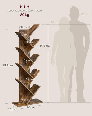 Estantería en Forma de Árbol de 9 Estantes, Ahorra Espacio, Estantería Vertical, para Dormitorio, Sala de Estar, Estudio, Oficina, Marrón Vintage LBC11BX
