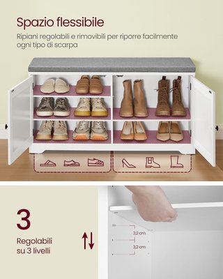 Banco Zapatero de 3 Niveles, Banco Contenedor con Puertas y Cojín, Estantes Ajustables, 35,5 x 101 x 52,5 cm, para Entrada, Dormitorio, Blanco Nube y Gris Topo LSB044W01