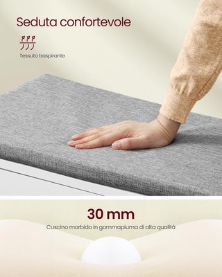 Banco Zapatero de 3 Niveles, Banco Contenedor con Puertas y Cojín, Estantes Ajustables, 35,5 x 101 x 52,5 cm, para Entrada, Dormitorio, Blanco Nube y Gris Topo LSB044W01