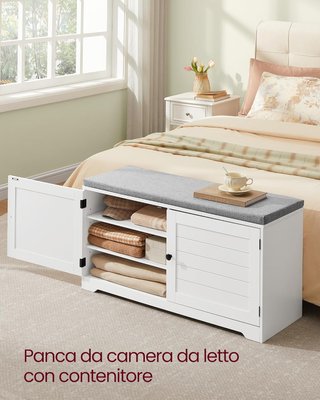 Banco Zapatero de 3 Niveles, Banco Contenedor con Puertas y Cojín, Estantes Ajustables, 35,5 x 101 x 52,5 cm, para Entrada, Dormitorio, Blanco Nube y Gris Topo LSB044W01