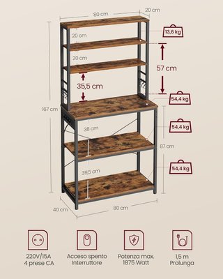 Estante de Cocina con Toma de Corriente, Soporte para Microondas, Organizador de 6 Estantes con 6 Ganchos para Bar, de Acero, 40 x 80 x 167 cm, Marrón Vintage y Negro Tinta KKS119K06