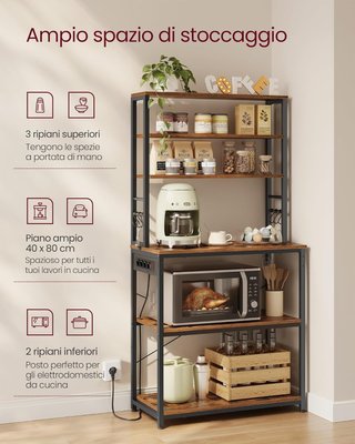 Estante de Cocina con Toma de Corriente, Soporte para Microondas, Organizador de 6 Estantes con 6 Ganchos para Bar, de Acero, 40 x 80 x 167 cm, Marrón Vintage y Negro Tinta KKS119K06