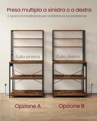 Estante de Cocina con Toma de Corriente, Soporte para Microondas, Organizador de 6 Estantes con 6 Ganchos para Bar, de Acero, 40 x 80 x 167 cm, Marrón Vintage y Negro Tinta KKS119K06
