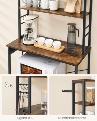 Estante de Cocina con Toma de Corriente, Soporte para Microondas, Organizador de 6 Estantes con 6 Ganchos para Bar, de Acero, 40 x 80 x 167 cm, Marrón Vintage y Negro Tinta KKS119K06