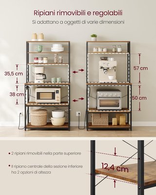 Estante de Cocina con Toma de Corriente, Soporte para Microondas, Organizador de 6 Estantes con 6 Ganchos para Bar, de Acero, 40 x 80 x 167 cm, Marrón Vintage y Negro Tinta KKS119K06