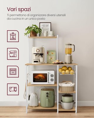 Estante de Cocina, Soporte para Microondas, Mueble de Cocina, Cesta de Alambre Metálico, 6 Ganchos, para Especias, Ollas y Sartenes, 40 X 90 X 134 Cm, Roble Dorado y Blanco KKS035W09
