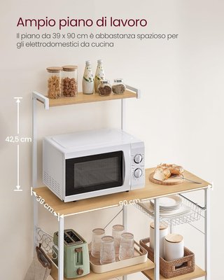 Estante de Cocina, Soporte para Microondas, Mueble de Cocina, Cesta de Alambre Metálico, 6 Ganchos, para Especias, Ollas y Sartenes, 40 X 90 X 134 Cm, Roble Dorado y Blanco KKS035W09
