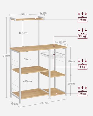 Estante de Cocina, Soporte para Microondas, Mueble de Cocina, Cesta de Alambre Metálico, 6 Ganchos, para Especias, Ollas y Sartenes, 40 X 90 X 134 Cm, Roble Dorado y Blanco KKS035W09