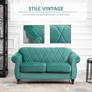 Sofá de 2 Plazas de Madera y Terciopelo Verde, Con Espesa Tapicería, Sofá para 2 Personas Diseño Vintage Rétro, 148 X 72 X 76Cm