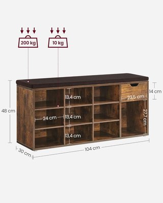 Banco Zapatero, Banco Contenedor Con Cajón Y Compartimentos Abiertos, Estante Para Zapatos, Asiento Acolchado, Entrada Dormitorio, 30 X 104 X 48 Cm, Marrón Vintage Y Marrón LHS024T01