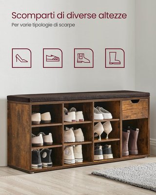 Banco Zapatero, Banco Contenedor Con Cajón Y Compartimentos Abiertos, Estante Para Zapatos, Asiento Acolchado, Entrada Dormitorio, 30 X 104 X 48 Cm, Marrón Vintage Y Marrón LHS024T01