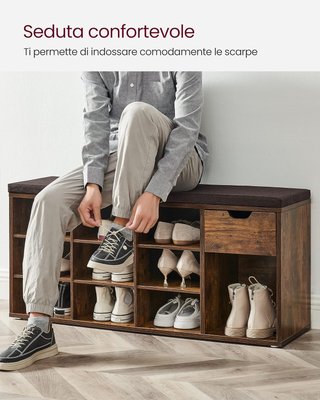 Banco Zapatero, Banco Contenedor Con Cajón Y Compartimentos Abiertos, Estante Para Zapatos, Asiento Acolchado, Entrada Dormitorio, 30 X 104 X 48 Cm, Marrón Vintage Y Marrón LHS024T01