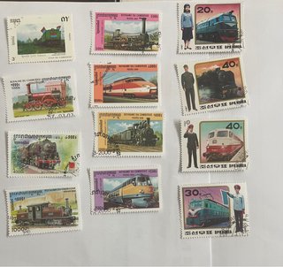 Lote 10. Sellos trenes Camboya y Corea