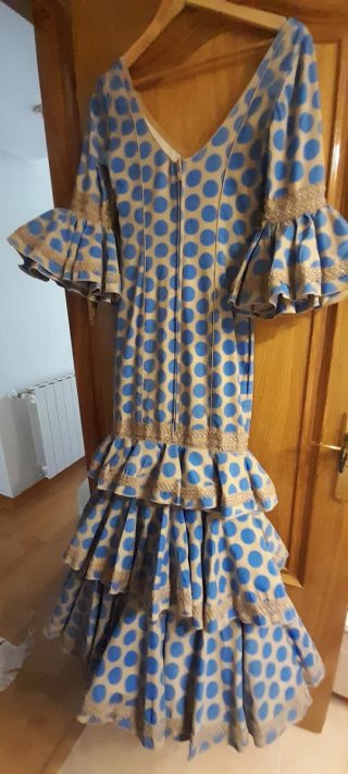 Vestido Flamenca Lunares Azul Beige Nuevo