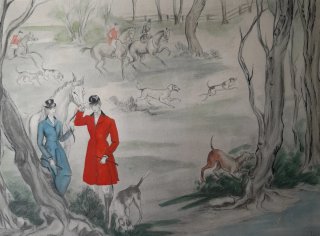 Pacchetto 2 litografie in stile inglese, scene di caccia
