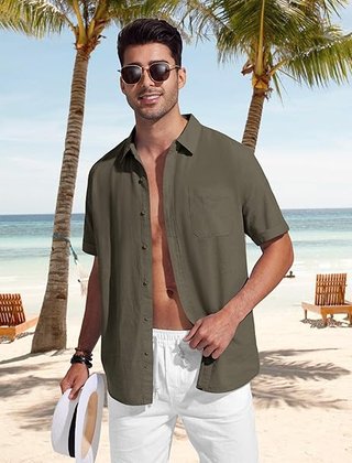 Camisa Lino Manga Corta Hombre Verde Oliva