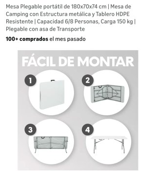 Mesa Plegable Portátil Camping 180x70cm