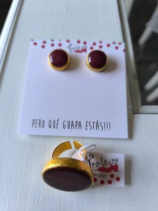 Conjunto Anillo y Pendientes Marrón Dorado