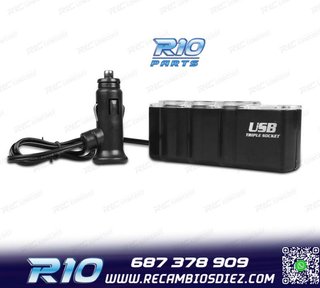 ADAPTADOR MECHERO COCHE 12V 3 ENTRADAS + USB
