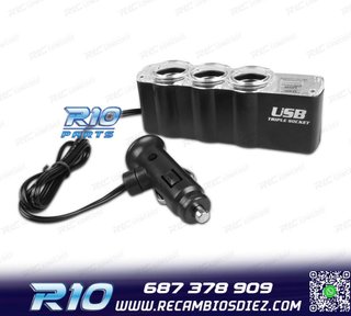 ADAPTADOR MECHERO COCHE 12V 3 ENTRADAS + USB