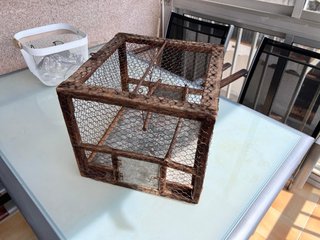Vecchia gabbia per uccelli in legno e rete